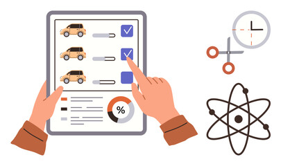 Hands selecting car preferences on tablet with checkboxes and analytics charts. Includes clock, scissors, and atom icons. Ideal for decision-making, analysis, science, time management, automobile