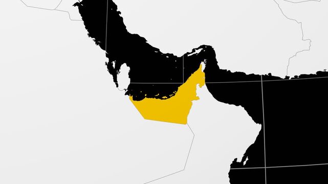 United Arab Emirates map. Animated zoom into the country on the Globe in Black White color palette. Country logo animation. Map with meridians, parallels. Neat video.