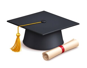 A graduation cap with a golden tassel and a diploma
