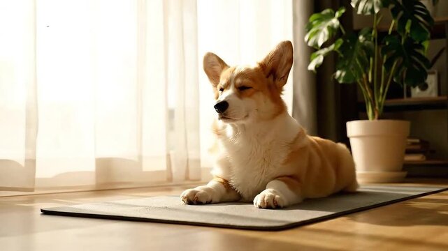 Relaxed Corgi Meditating on Yoga Mat with Peaceful Expression and Closed Eyes in Brightly Lit Room near Potted Plant Harmony Balance and Serenity in Canine Wellness Lifestyle Concept 198 char
