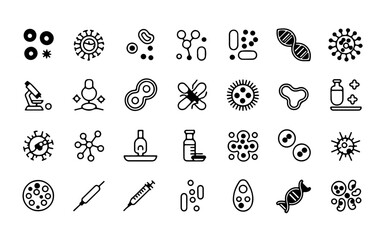 Collection of diverse microscopic organisms and scientific equipment icons isolated on white background