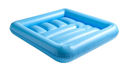 A light blue, inflated rectangular raft with rounded internal supports, isolated on black