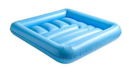 A light blue, inflated rectangular raft with rounded internal supports, isolated on black