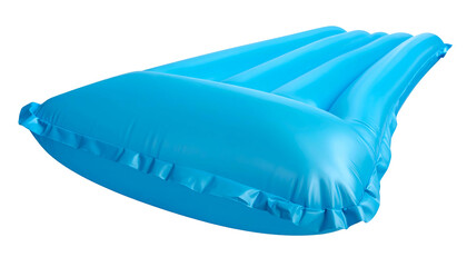 A vibrant, turquoise inflatable raft against a stark black backdrop, capturing summer fun