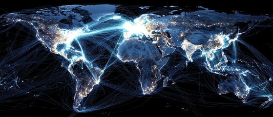 Global network connections with highlighted lines on a transparent background