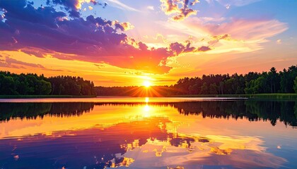 Fototapeta premium Majestic golden sunset illuminating the calm lake's surface, reflecting vivid orange and purple hues mirroring the dramatic clouds above and the lush green trees on the distant shore, creating a...