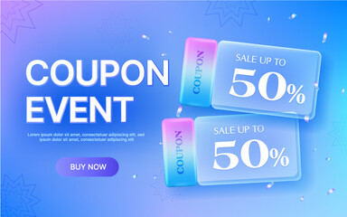 3d Coupon Event featuring gradient blue and purple 50% sale vouchers with floating confetti. Perfect for e-commerce promotions, digital marketing, and retail campaigns. 3d vector illustration. Vector