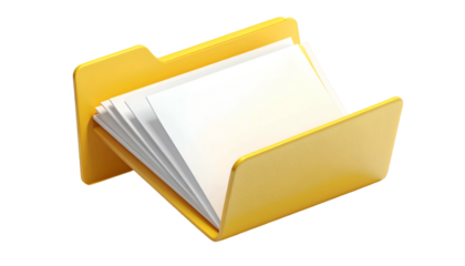 A rendered yellow folder containing a stack of white paper sheets, set against a black background