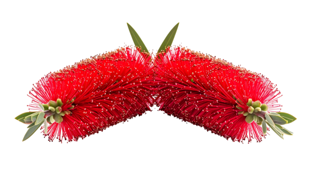 Symmetrical image of vibrant red, brush-like flowers with green leaves on black