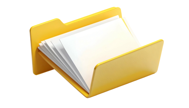 A rendered yellow folder containing a stack of white paper sheets, set against a black background