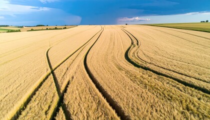 Obraz premium Aerial View of Golden Wheat Field with Swirling Patterns