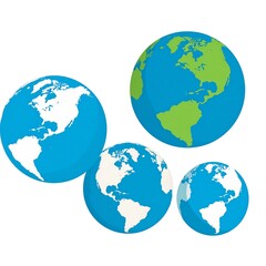 Cartoon illustration of four globes, showcasing continents in blue and green