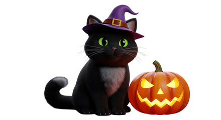 Adorable black cat wears a witch hat posing beside a glowing jack o lantern for Halloween holiday fun