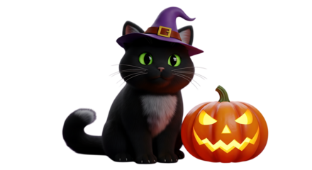 Adorable black cat wears a witch hat posing beside a glowing jack o lantern for Halloween holiday fun