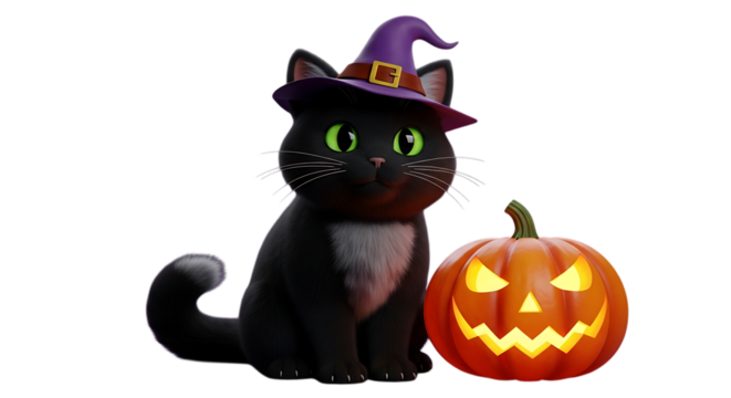 Adorable black cat wears a witch hat posing beside a glowing jack o lantern for Halloween holiday fun
