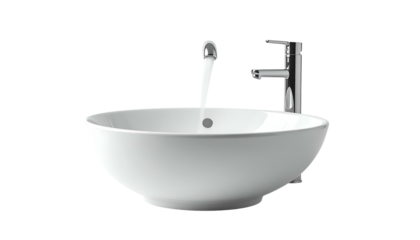 A white porcelain basin with a running faucet. Water streams down. Chrome fixtures