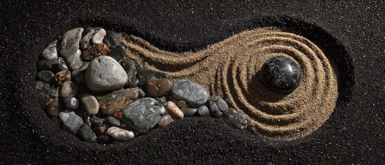 Zen garden with yin yang symbol composed of sand pebbles and stone
