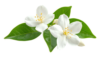 Fototapeta premium Close-up of white blossoms with yellow centers and lush green leaves on black