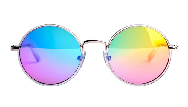 Round, silver-framed sunglasses with rainbow-colored lenses against a black background