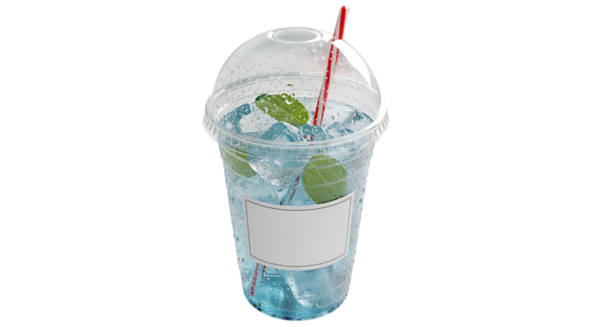 Refreshing cool drink with ice, mint and straw in takeaway cup for label design, perfect for summer refreshment