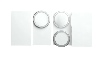 Abstract, minimal composition of white, circular elements within rectangular frames