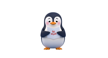 Adorable penguin holding a 'Be Mine' card, perfect for Valentine's Day greetings and sweet romantic messages