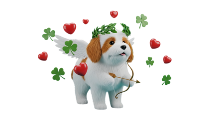 Adorable cupid puppy with wings, bow and arrow spreading love and luck for Valentine's and St. Patrick's