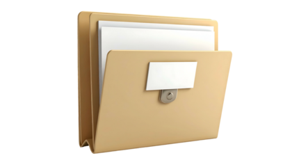 Tan file folder, open, revealing white papers and a small, white, blank name tag