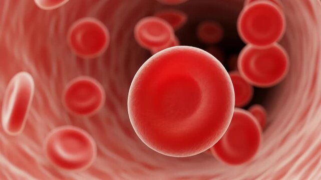 Red blood cells flow through a blood vessel, illustrating circulation and the body's inner workings.