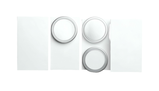 Abstract, minimal composition of white, circular elements within rectangular frames
