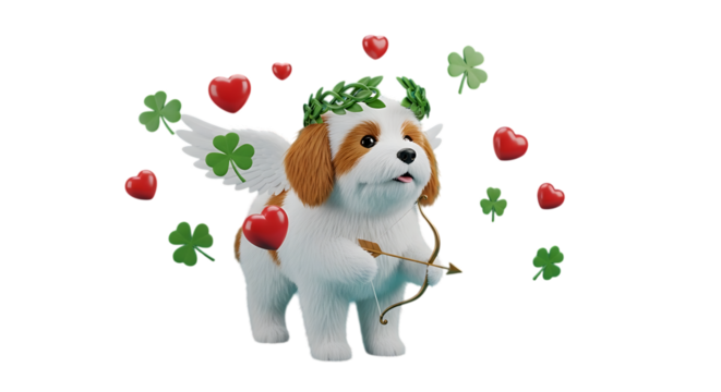 Adorable cupid puppy with wings, bow and arrow spreading love and luck for Valentine's and St. Patrick's