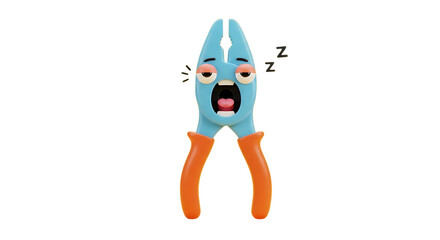 Tired cartoon pliers yawning with sleepy eyes, a humorous tool character needing a break from hard work