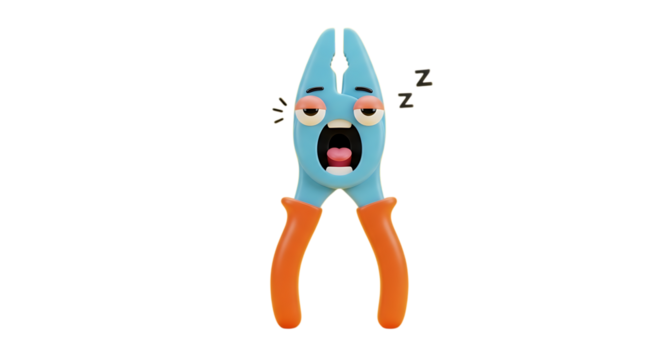 Tired cartoon pliers yawning with sleepy eyes, a humorous tool character needing a break from hard work