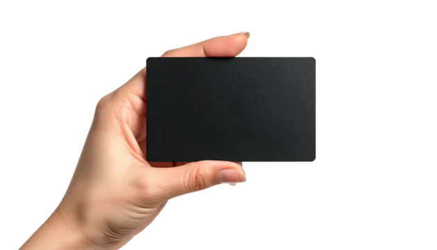 A hand holding a black, rectangular card against a black background, offering a blank space