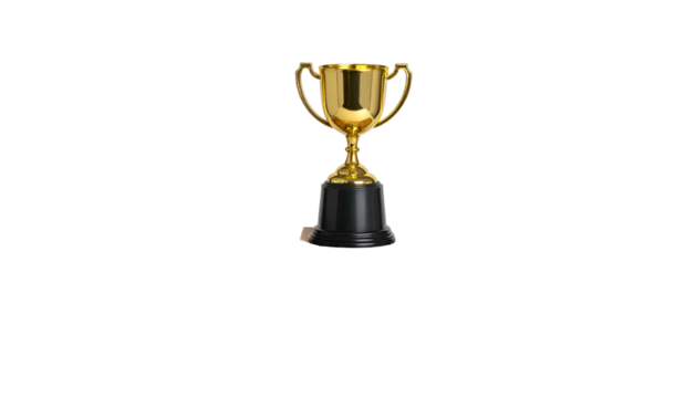 A golden trophy with a black base, isolated against a stark black background