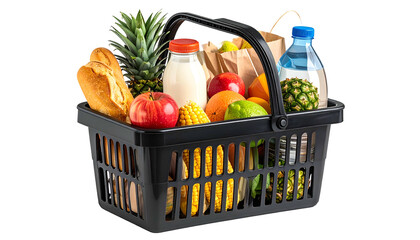 A black basket brimming with groceries, including fruits, bread, milk, and a water bottle