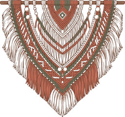 Intricate macrame wall hanging with geometric patterns and fringe detail isolated on white background