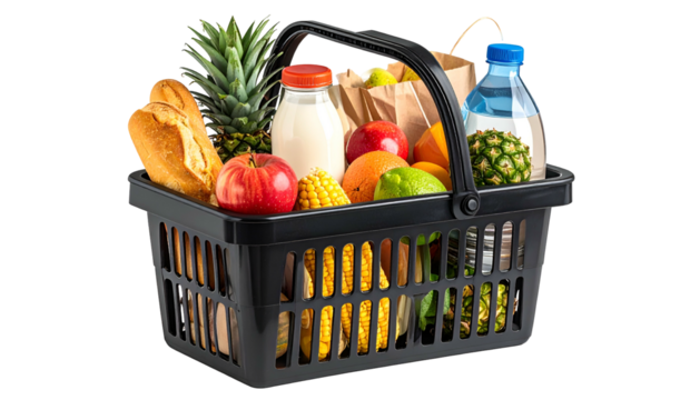 A black basket brimming with groceries, including fruits, bread, milk, and a water bottle