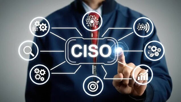 CISO or chief information officer concept presented by businessman touching on virtual screen. career in IT information technology officer to administrator staff