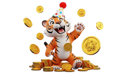 Festive tiger mascot celebrating Lunar New Year with gold coins for prosperity and good fortune year of the tiger