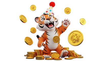 Festive tiger mascot celebrating Lunar New Year with gold coins for prosperity and good fortune year of the tiger
