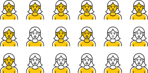 Set of cartoon woman character icons with diverse facial expressions isolated on white background