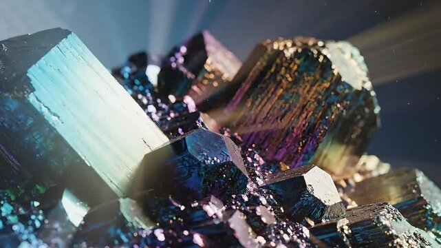 Iridescent mineral crystals gleam with metallic sheen, showcasing natural geometric beauty.