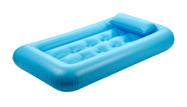 Bright blue inflatable mattress with integrated pillow, isolated on black background