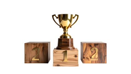 A gold trophy atop a wooden podium, flanked by two blocks with gold numerals, all on black