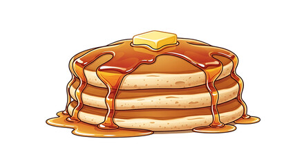 Delicious stack of pancakes drenched in sweet maple syrup and melted butter perfect for breakfast menus!