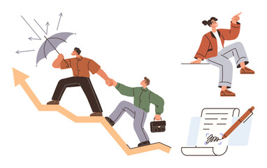 Two colleagues supporting each other on upward graph with umbrella protection, woman giving guidance, signed document. Ideal for leadership, teamwork, growth, mentorship, support, risk management