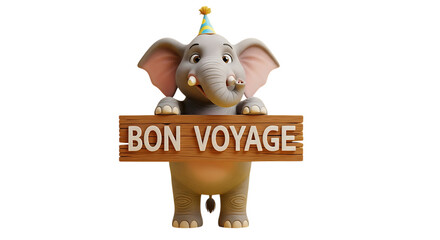Cute cartoon elephant wishes you Bon Voyage with a party hat, ready for travel adventures and holiday fun