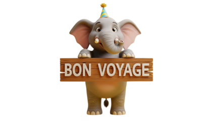 Cute cartoon elephant wishes you Bon Voyage with a party hat, ready for travel adventures and holiday fun