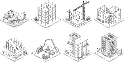 Isometric Building Construction and Development Process Icons